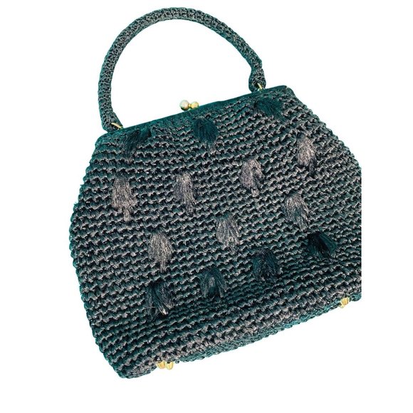 Vintage 1950s Black Raffia Purse Top Handle Large Handbag - Picture 5 of 6
